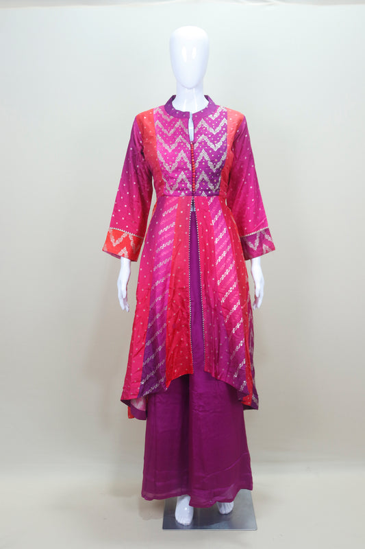 Magenta and Pink Bandhani Print Anarkali Suit with Embroidery and Dupatta