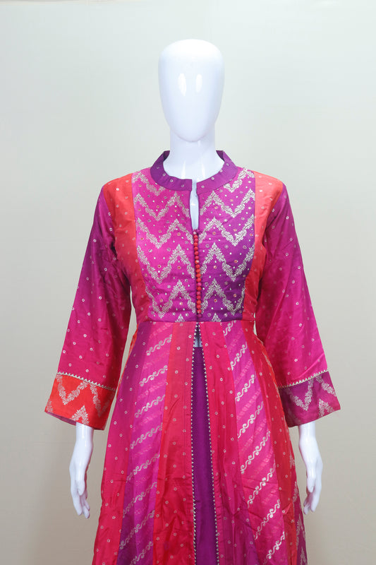 Magenta and Pink Bandhani Print Anarkali Suit with Embroidery and Dupatta