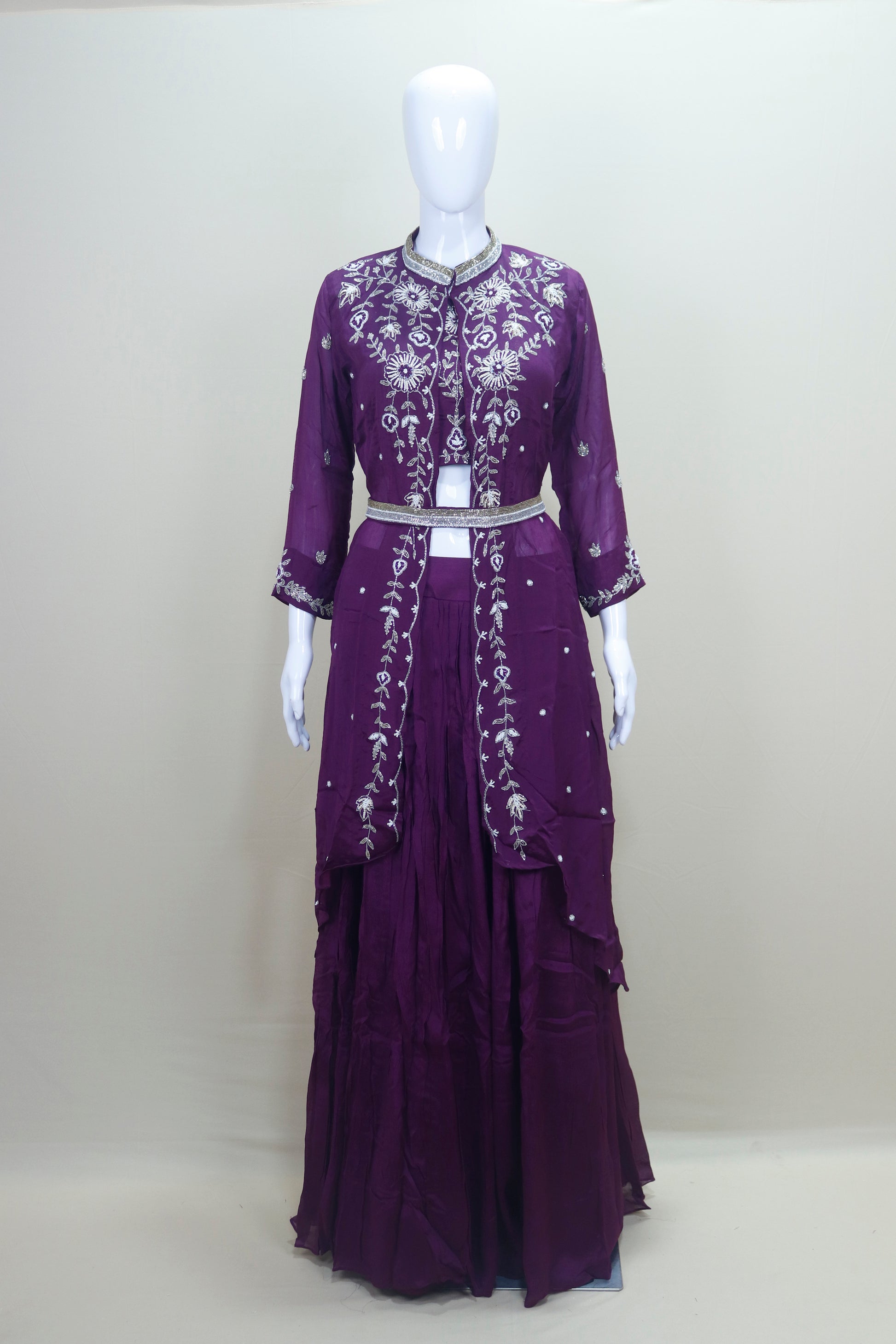 Purple Embroidered Jacket Style Lehenga Set with Belt 