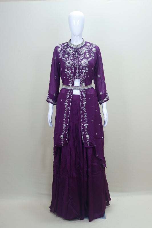 Purple Embroidered Jacket Style Lehenga Set with Belt 