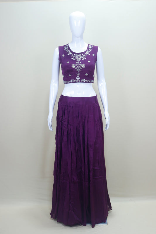 Purple Embroidered Jacket Style Lehenga Set with Belt
