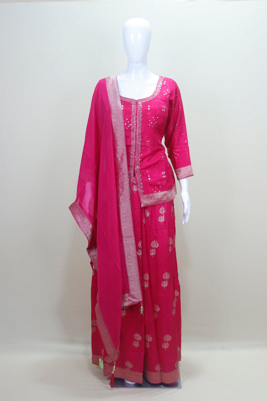 Women's Pink Embroidered Kurta Sharara Set with Dupatta