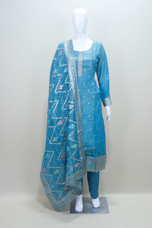 Women's Blue Embroidered Straight Cut Suit with Dupatta