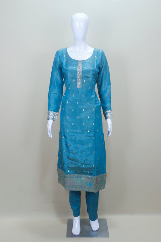 Women's Blue Embroidered Straight Cut Suit with Dupatta