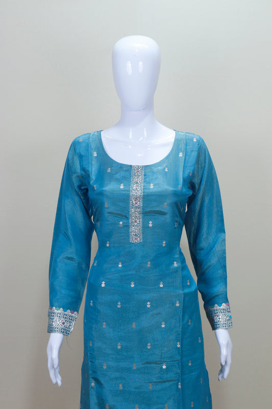 Women's Blue Embroidered Straight Cut Suit with Dupatta