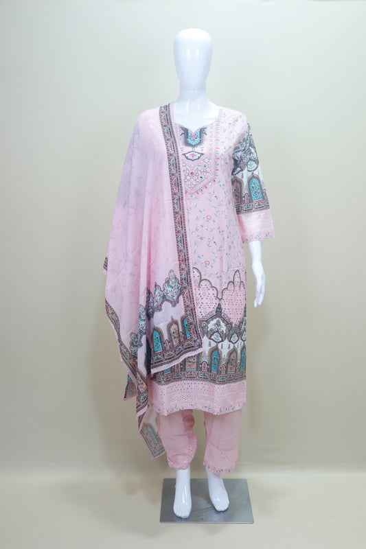 Light Pink Printed Cotton Salwar Kameez with Embroidered Neckline and Dupatta