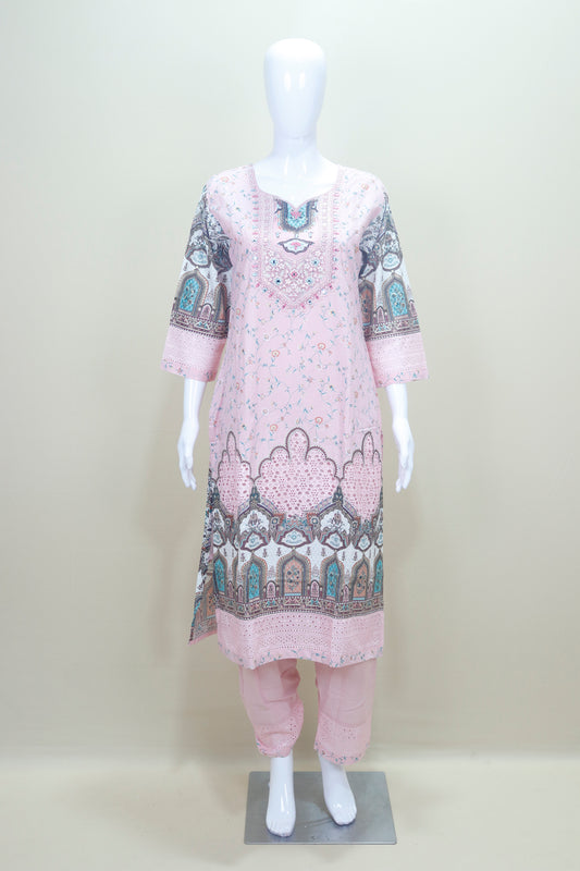 Light Pink Printed Cotton Salwar Kameez with Embroidered Neckline and Dupatta
