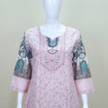Light Pink Printed Cotton Salwar Kameez with Embroidered Neckline and Dupatta