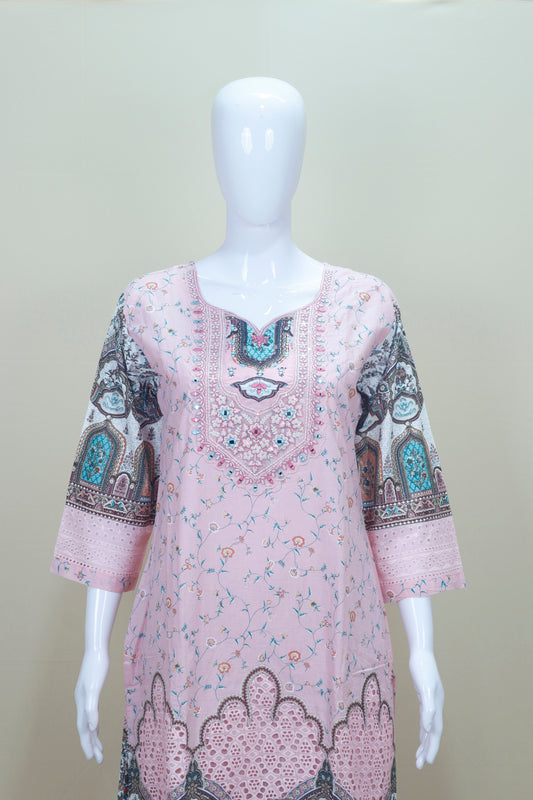 Light Pink Printed Cotton Salwar Kameez with Embroidered Neckline and Dupatta