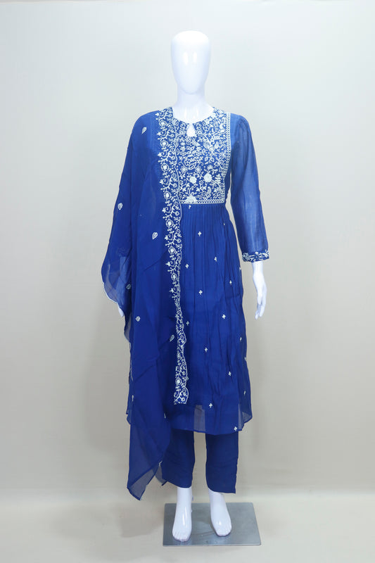 Elegant Royal Blue Chikankari Embroidered Cotton Kurta Set with Dupatta