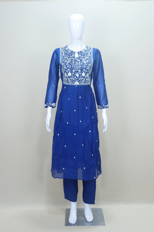 Elegant Royal Blue Chikankari Embroidered Cotton Kurta Set with Dupatta