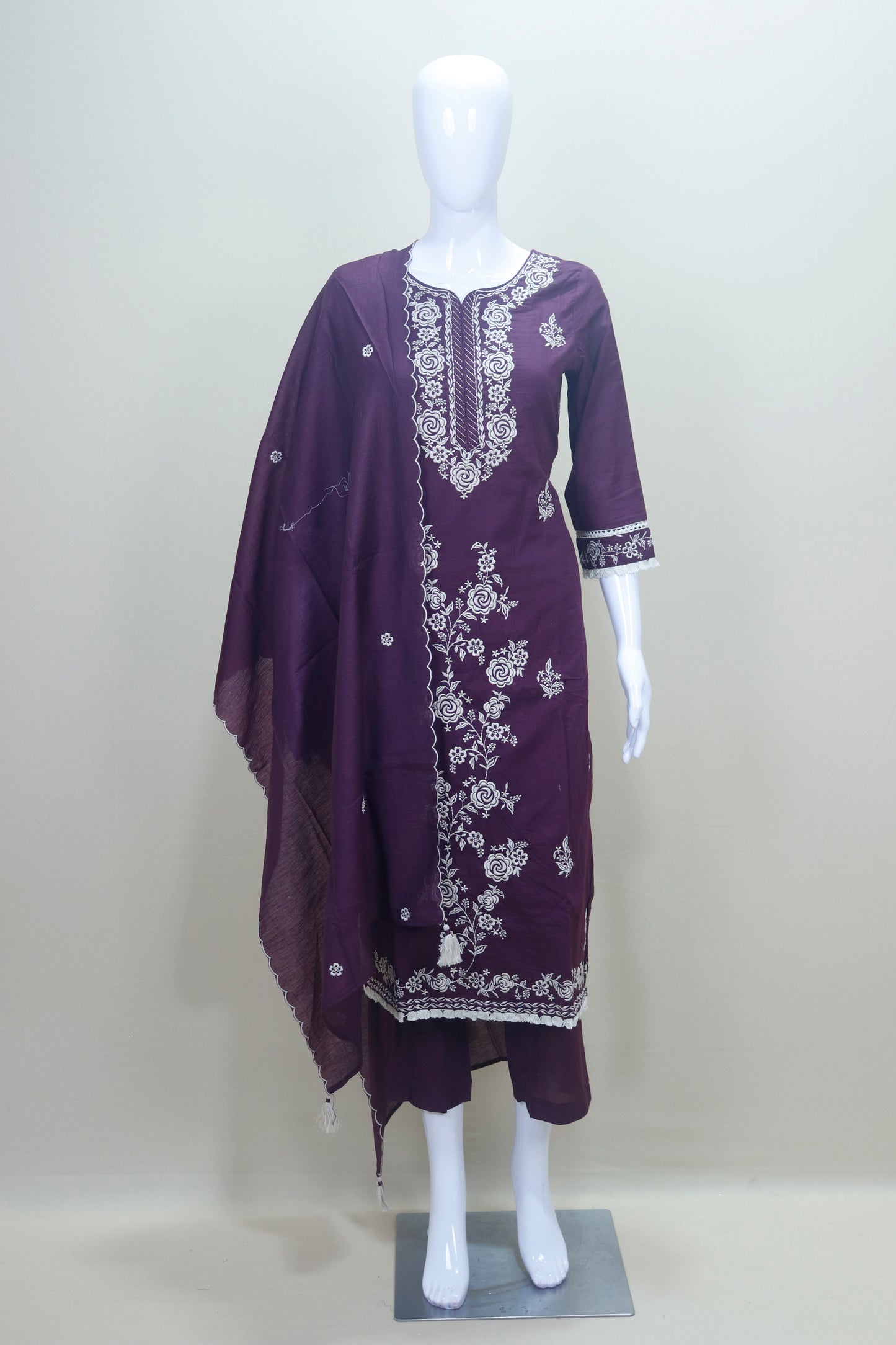 Dark Purple Embroidered Cotton Salwar Suit with Dupatta