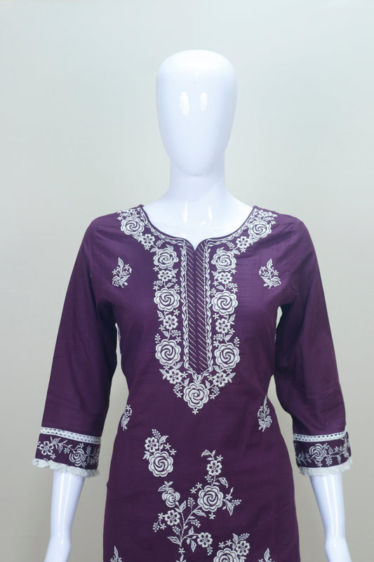 Dark Purple Embroidered Cotton Salwar Suit with Dupatta
