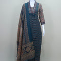 Elegant Dark Teal Cotton Salwar Suit with Ajrak Print & Matching Dupatta