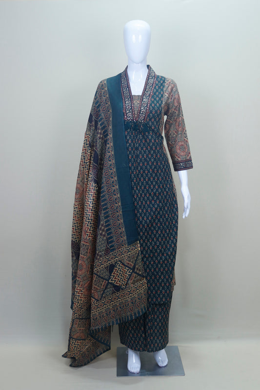 Elegant Dark Teal Cotton Salwar Suit with Ajrak Print & Matching Dupatta