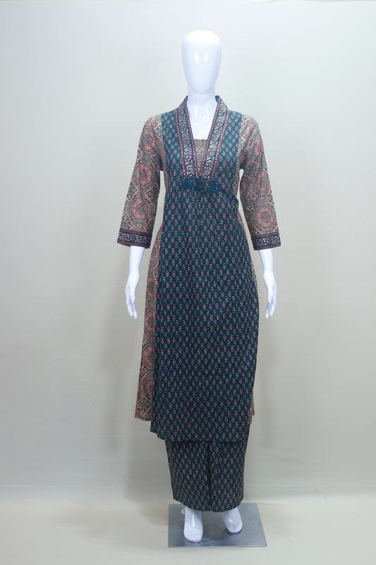Elegant Dark Teal Cotton Salwar Suit with Ajrak Print & Matching Dupatta