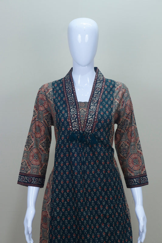 Elegant Dark Teal Cotton Salwar Suit with Ajrak Print & Matching Dupatta