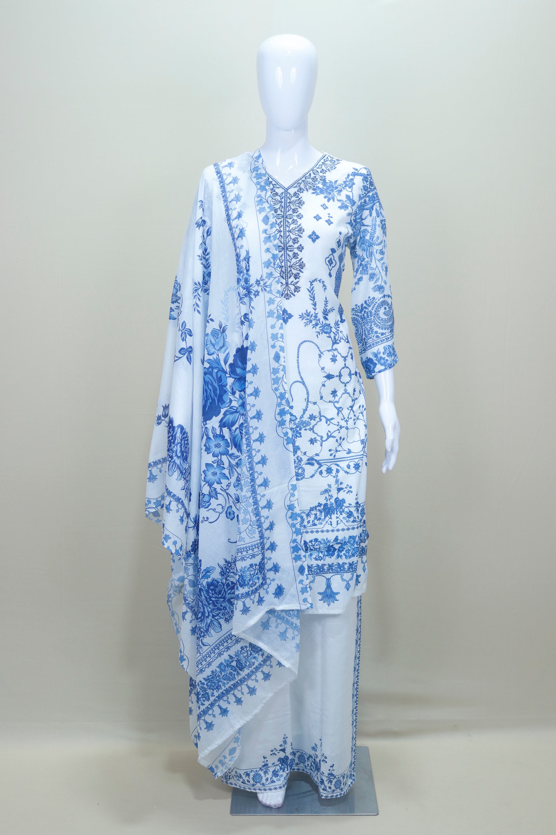White and Blue Floral Printed Cotton Salwar Suit with Dupatta