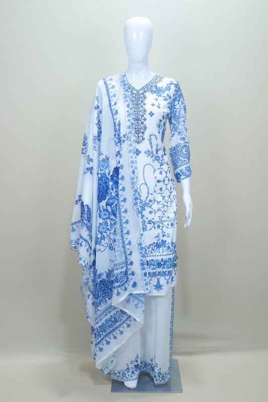 White and Blue Floral Printed Cotton Salwar Suit with Dupatta