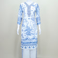 White and Blue Floral Printed Cotton Salwar Suit with Dupatta