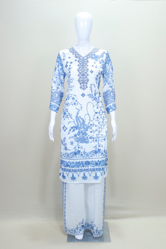 White and Blue Floral Printed Cotton Salwar Suit with Dupatta