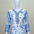 White and Blue Floral Printed Cotton Salwar Suit with Dupatta