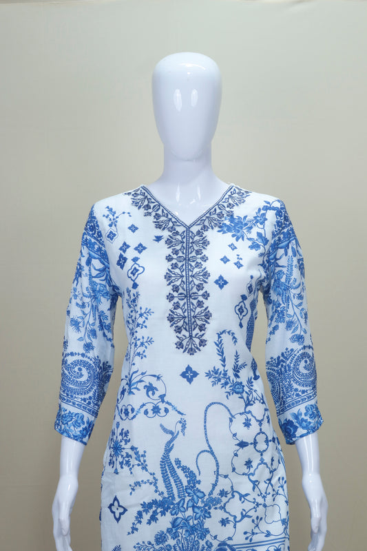 White and Blue Floral Printed Cotton Salwar Suit with Dupatta