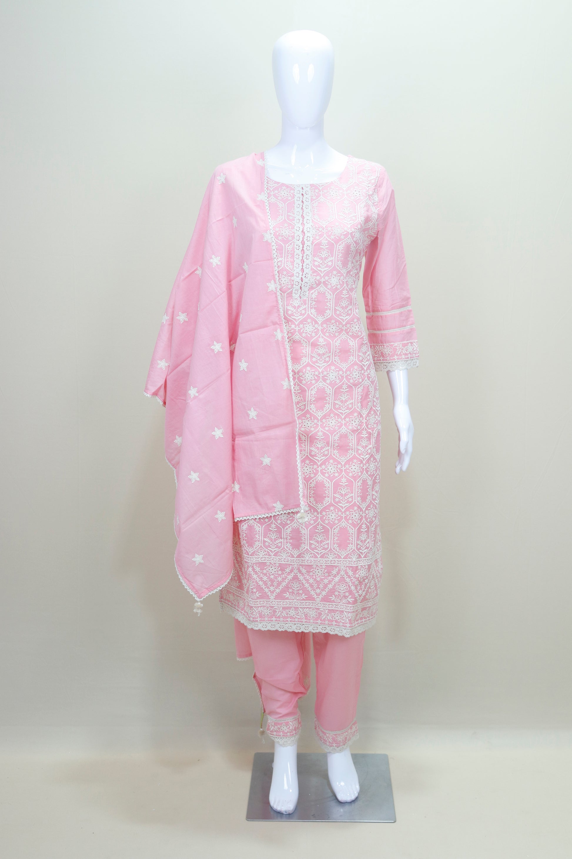 Pastel Pink Chikankari Embroidered Cotton Salwar Suit with Dupatta