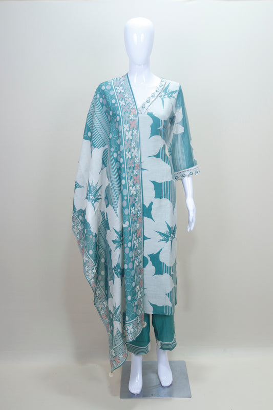 Teal Green and White Floral Printed Cotton Salwar Suit with Dupatta