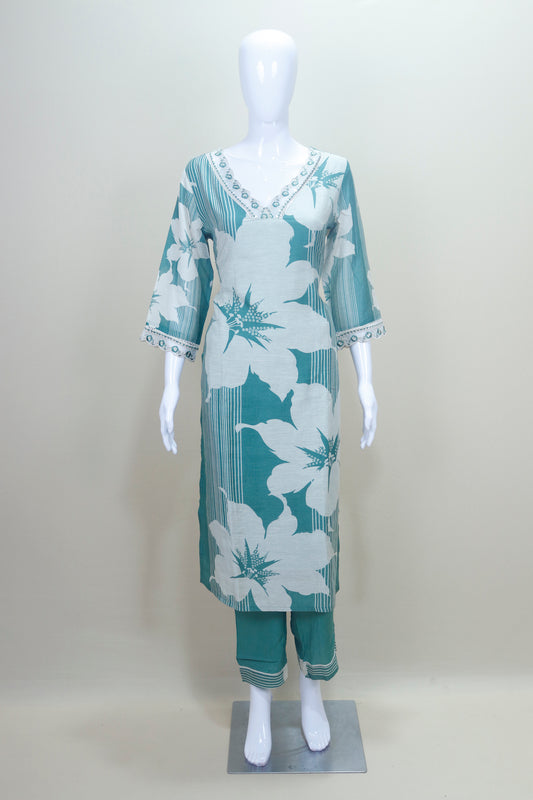 Teal Green and White Floral Printed Cotton Salwar Suit with Dupatta
