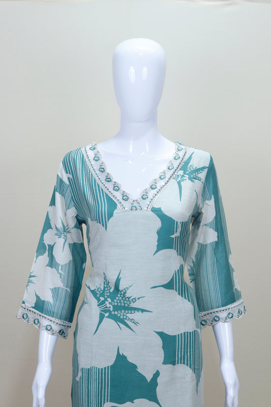 Teal Green and White Floral Printed Cotton Salwar Suit with Dupatta