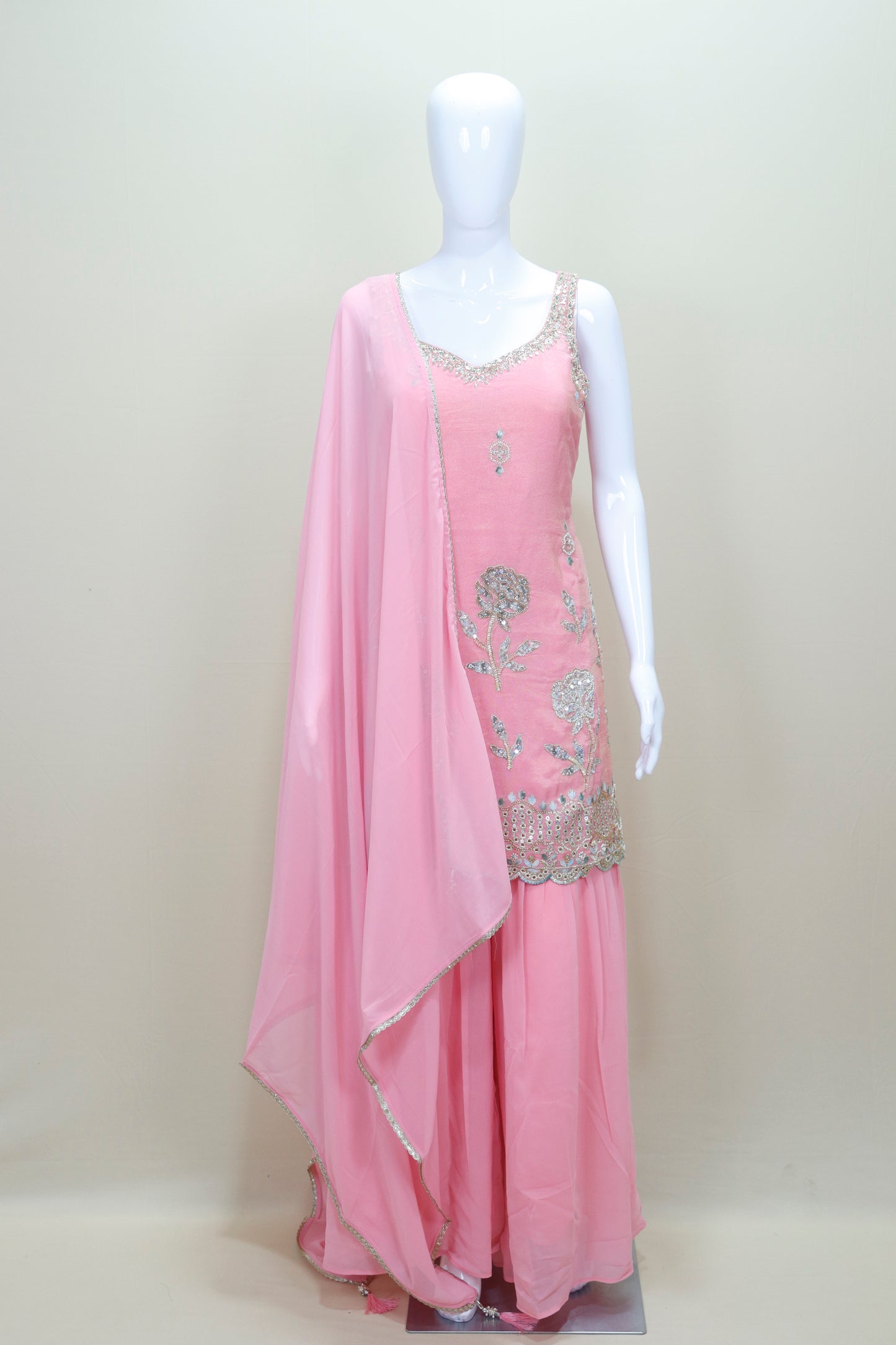 Elegant Pink Embroidered Sharara Suit with Dupatta Women’s Party Wedding Wear