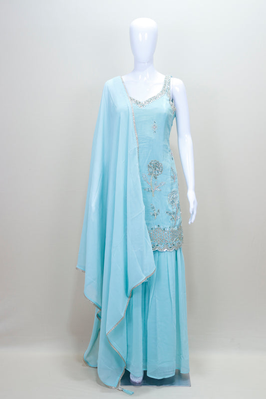 Elegant Sky Blue Embroidered Sharara Suit with Dupatta Women’s Wedding Party Wear