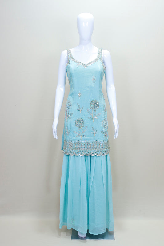 Elegant Sky Blue Embroidered Sharara Suit with Dupatta Women’s Wedding Party Wear