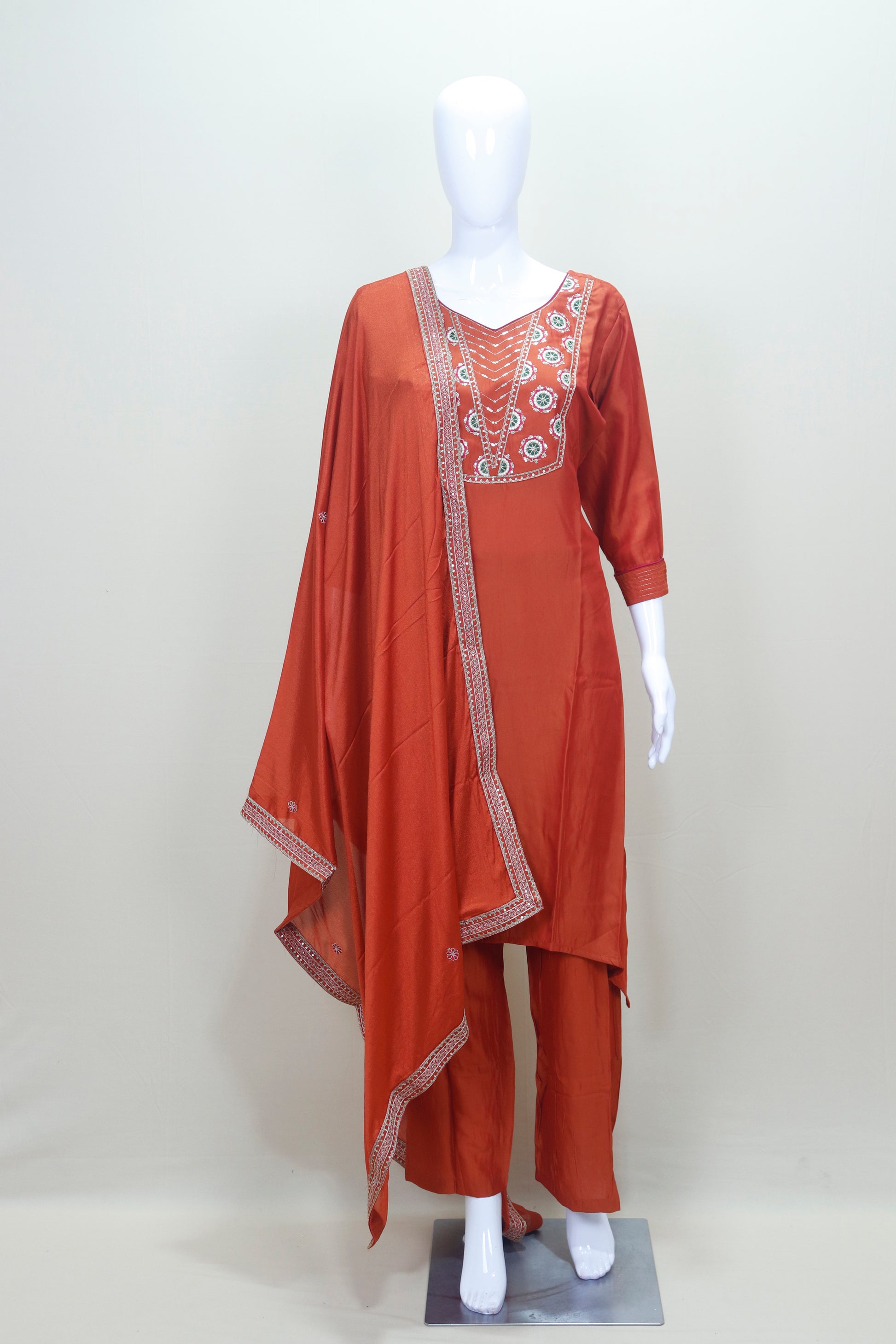 Rust Orange Embroidered Straight Kurta Set with Pants and Dupatta Women’s Festive Party Wear
