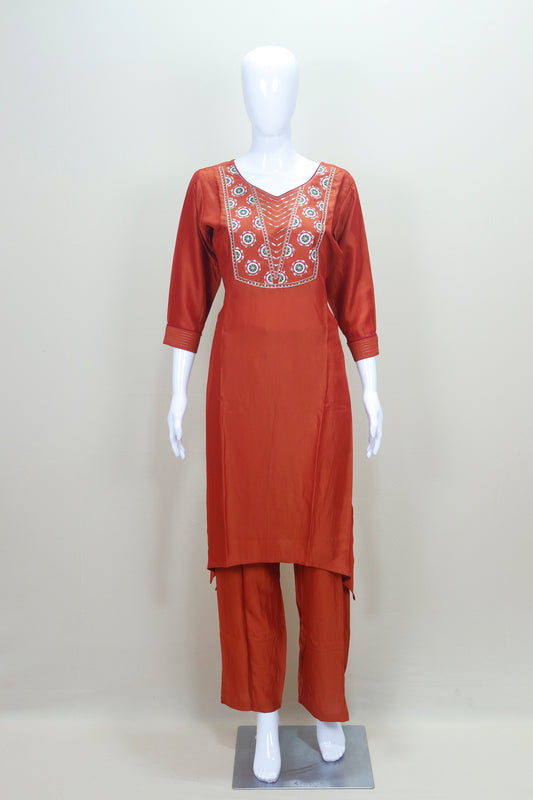 Rust Orange Embroidered Straight Kurta Set with Pants and Dupatta Women’s Festive Party Wear