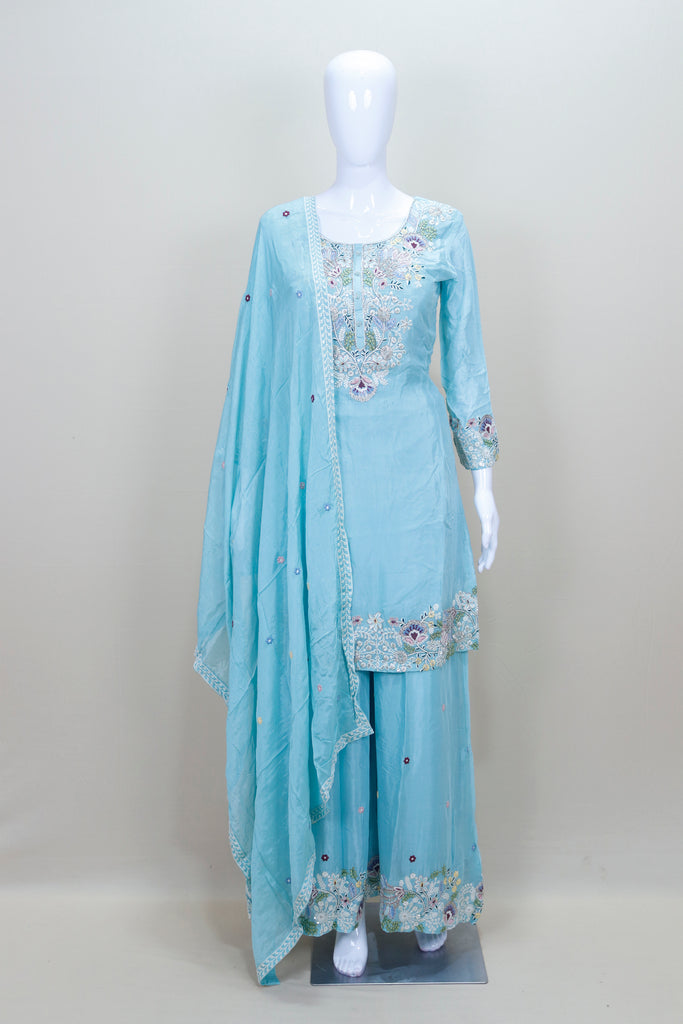 Light Blue Kurta Sharara Set with Dupatta Women’s Festive Wedding Wear