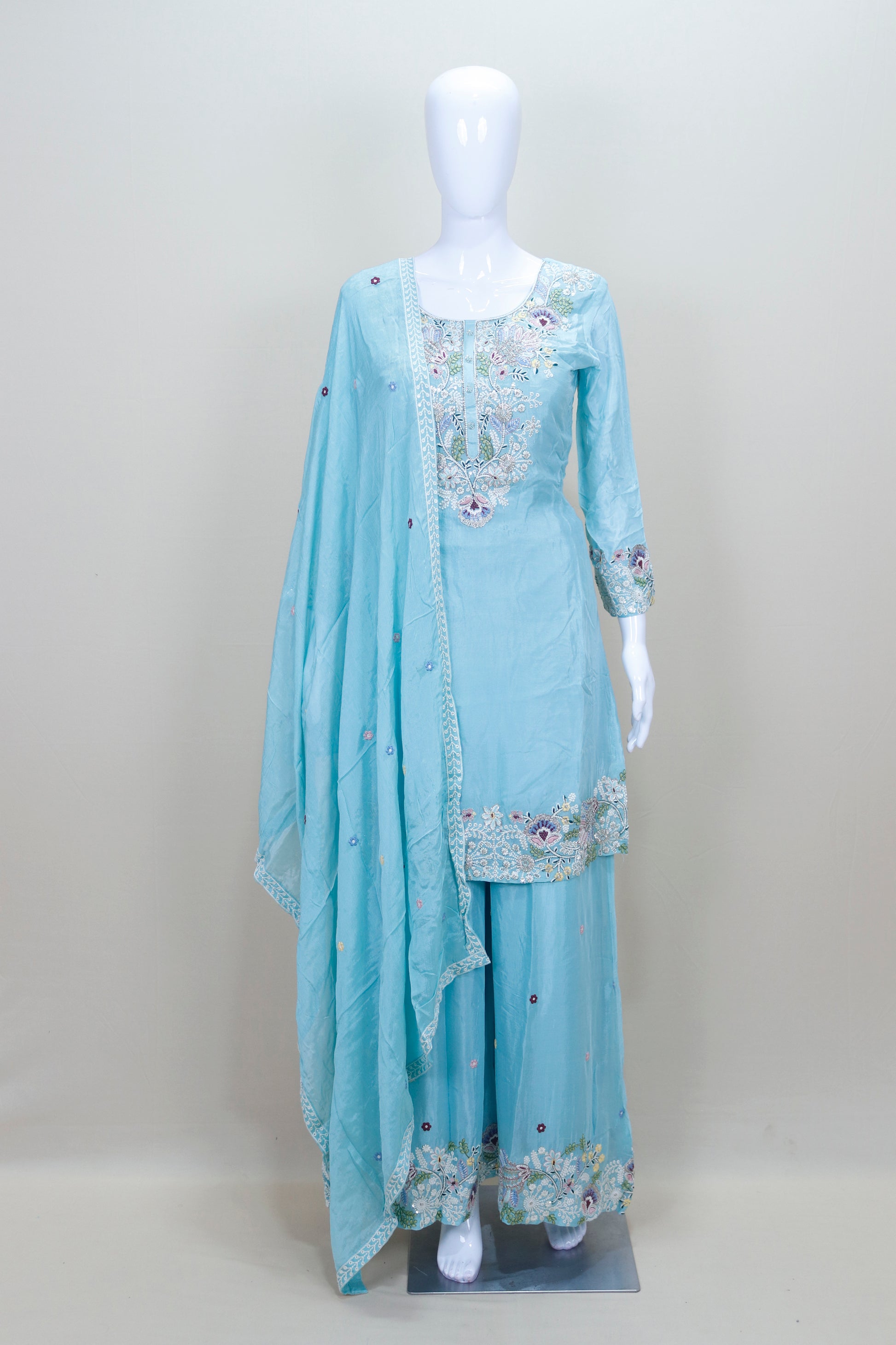Light Blue Kurta Sharara Set with Dupatta Women’s Festive Wedding Wear