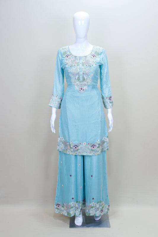Light Blue  Kurta Sharara Set with Dupatta Women’s Festive Wedding Wear