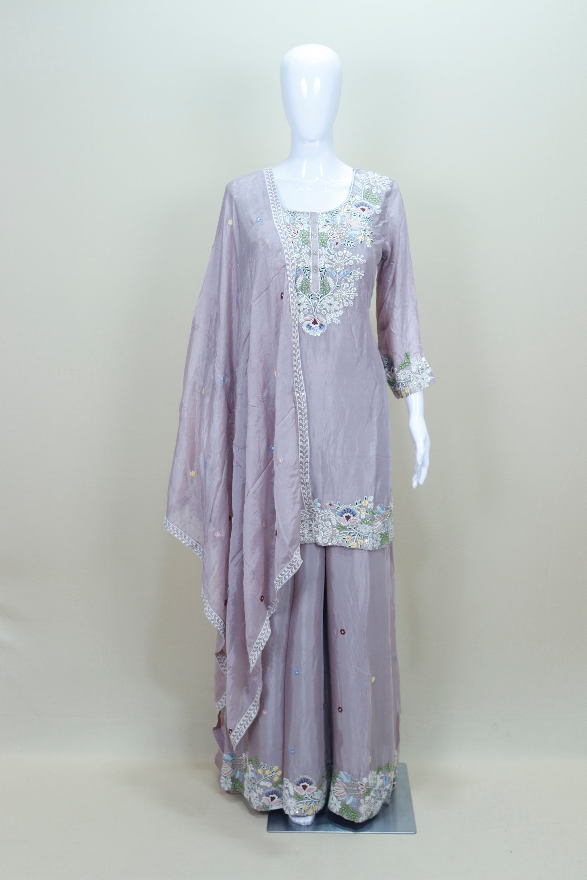 Light Purple Kurta Sharara Set with Dupatta Women’s Festive Wedding Wear