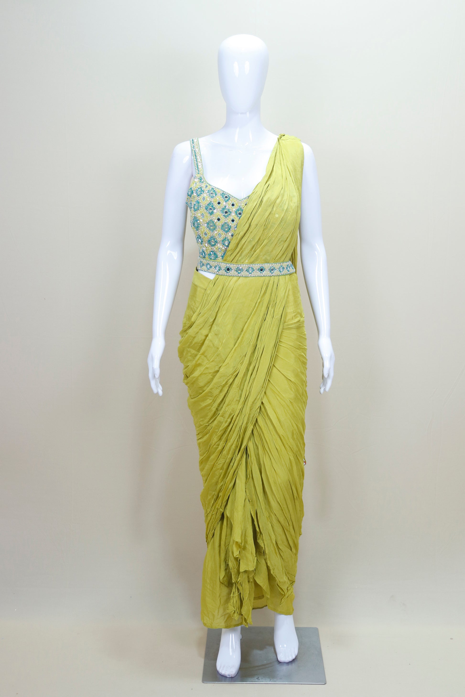 Lime Green Pre Draped Saree Women’s Designer Party Wedding Wear