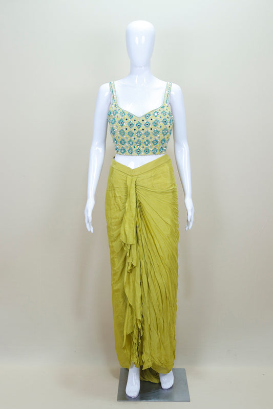 Lime Green Pre Draped Saree Women’s Designer Party Wedding Wear