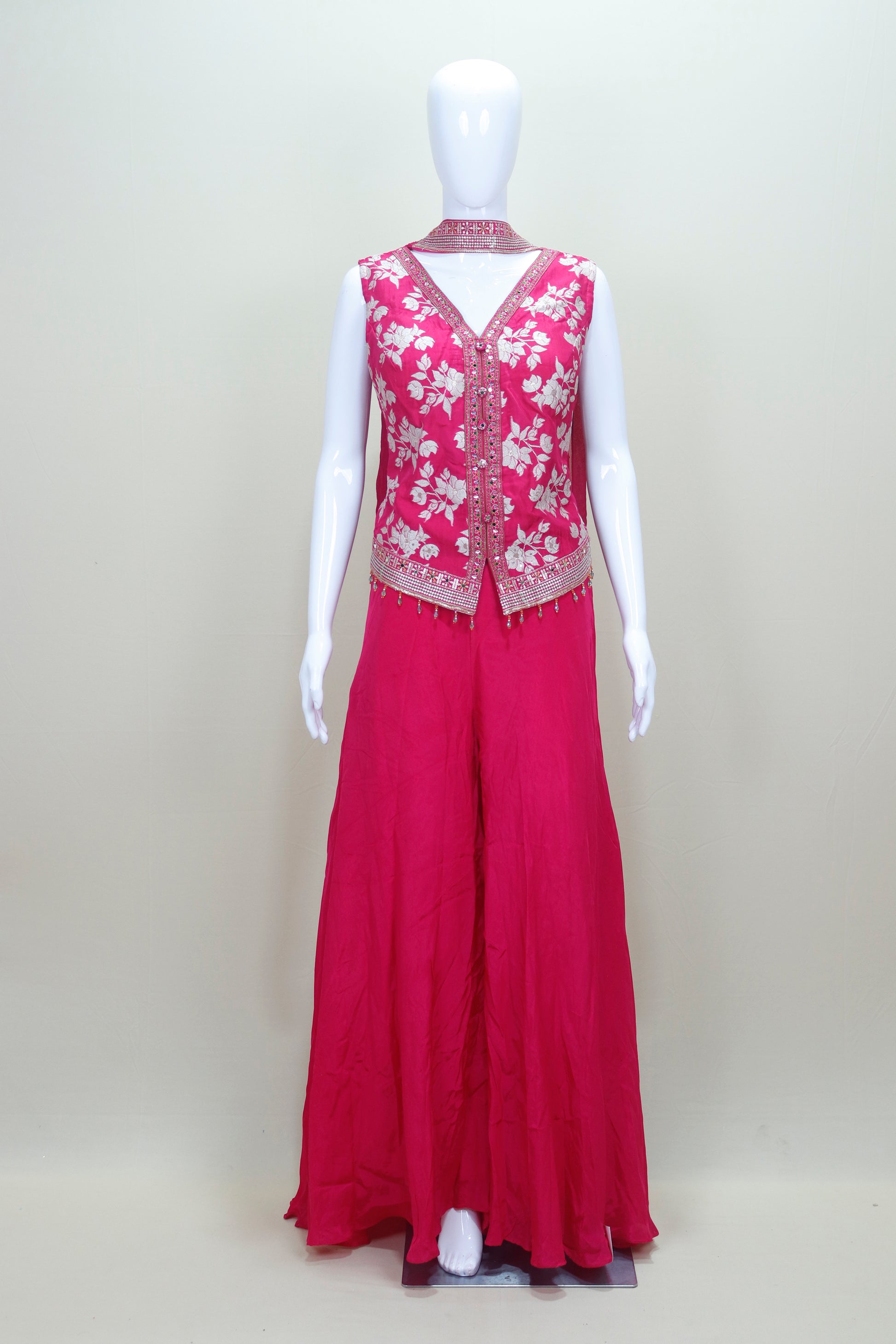 Hot Pink Sleeveless Embroidered Jacket with Palazzo Set Women’s Festive Party Wear