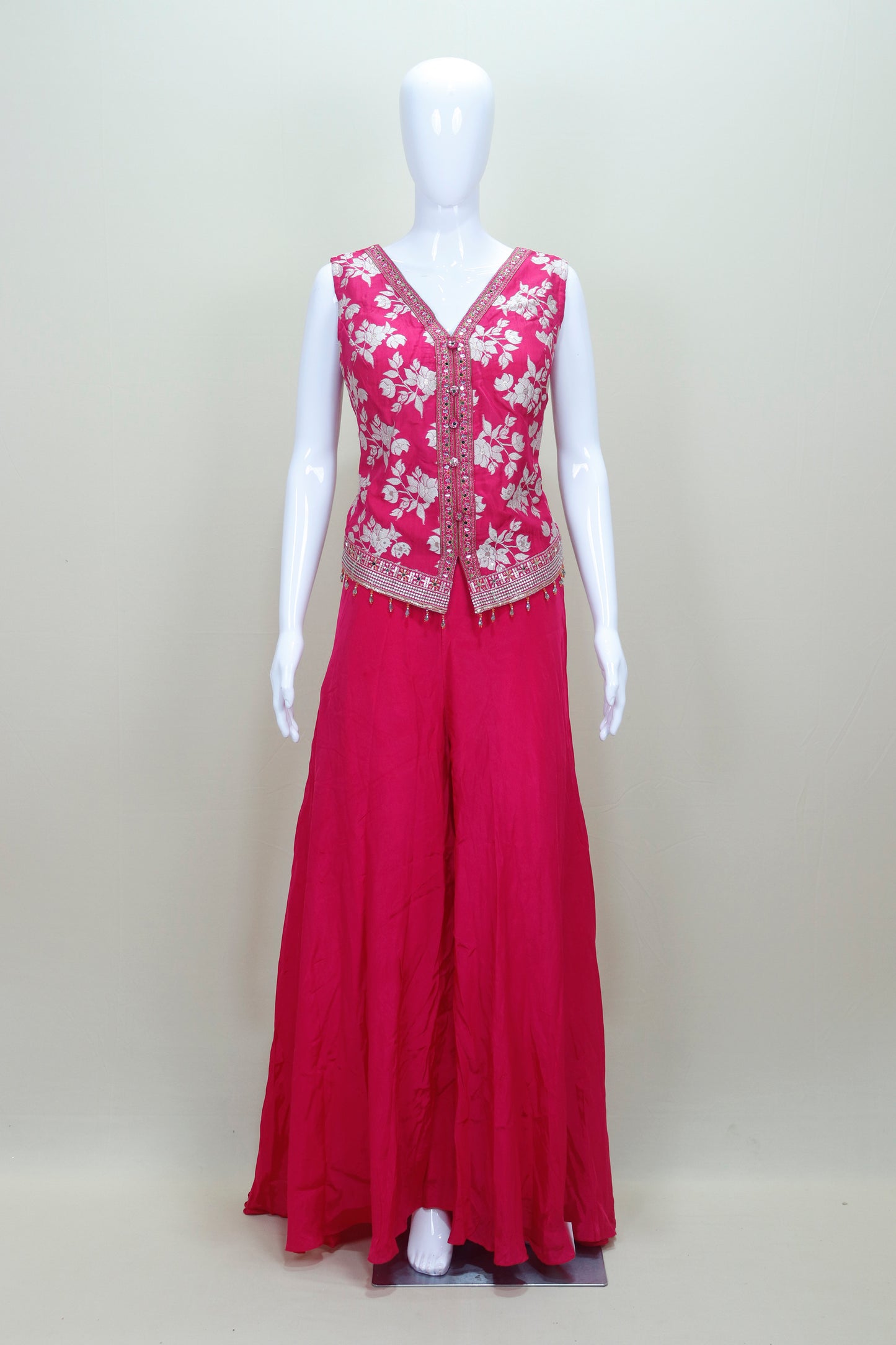 Hot Pink Sleeveless Embroidered Jacket with Palazzo Set Women’s Festive Party Wear