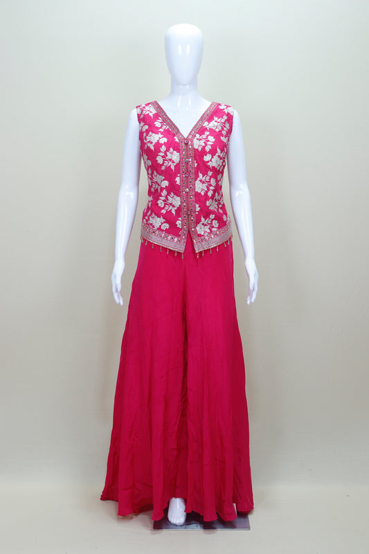 Hot Pink Sleeveless Embroidered Jacket with Palazzo Set Women’s Festive Party Wear