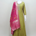 Olive Green Embroidered Anarkali Suit with Pink Banarasi Dupatta Women’s Festive Wedding Wear