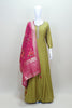 Olive Green Embroidered Anarkali Suit with Pink Banarasi Dupatta Women’s Festive Wedding Wear