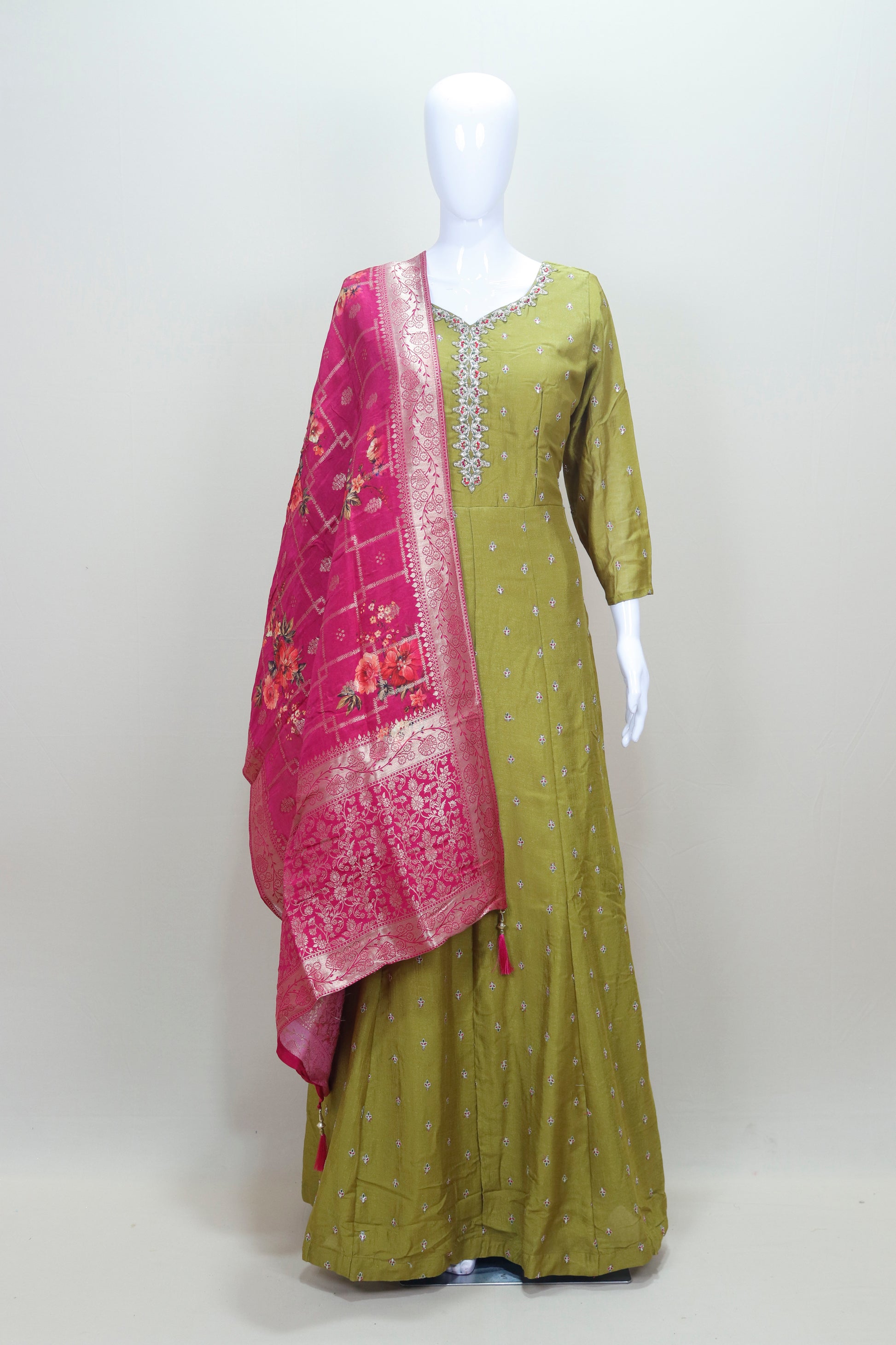 Olive Green Embroidered Anarkali Suit with Pink Banarasi Dupatta Women’s Festive Wedding Wear