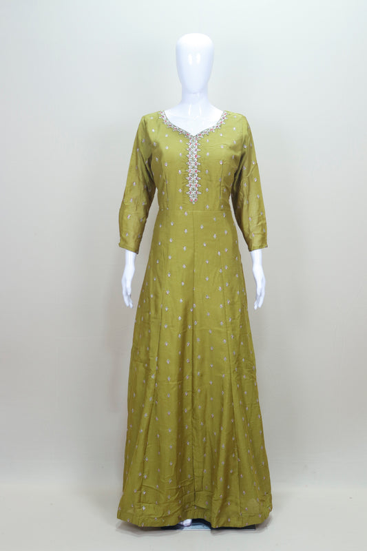 Olive Green Embroidered Anarkali Suit with Pink Banarasi Dupatta Women’s Festive Wedding Wear