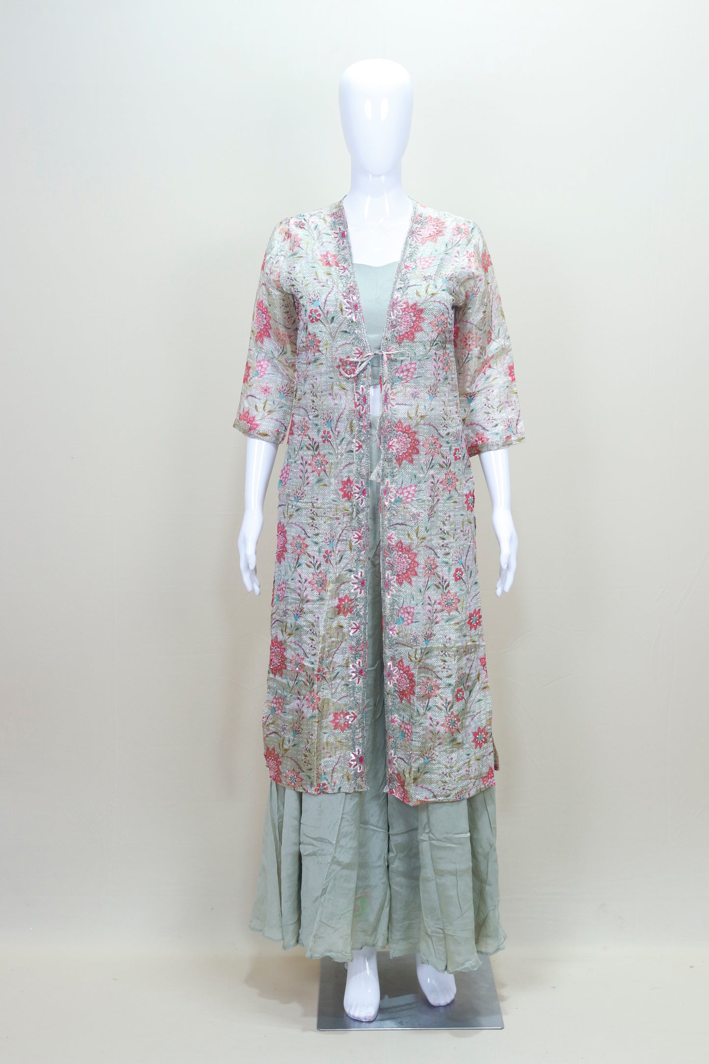 Pastel Green Long Jacket with Flared Dress Women’s Ethnic Festive Party Wear